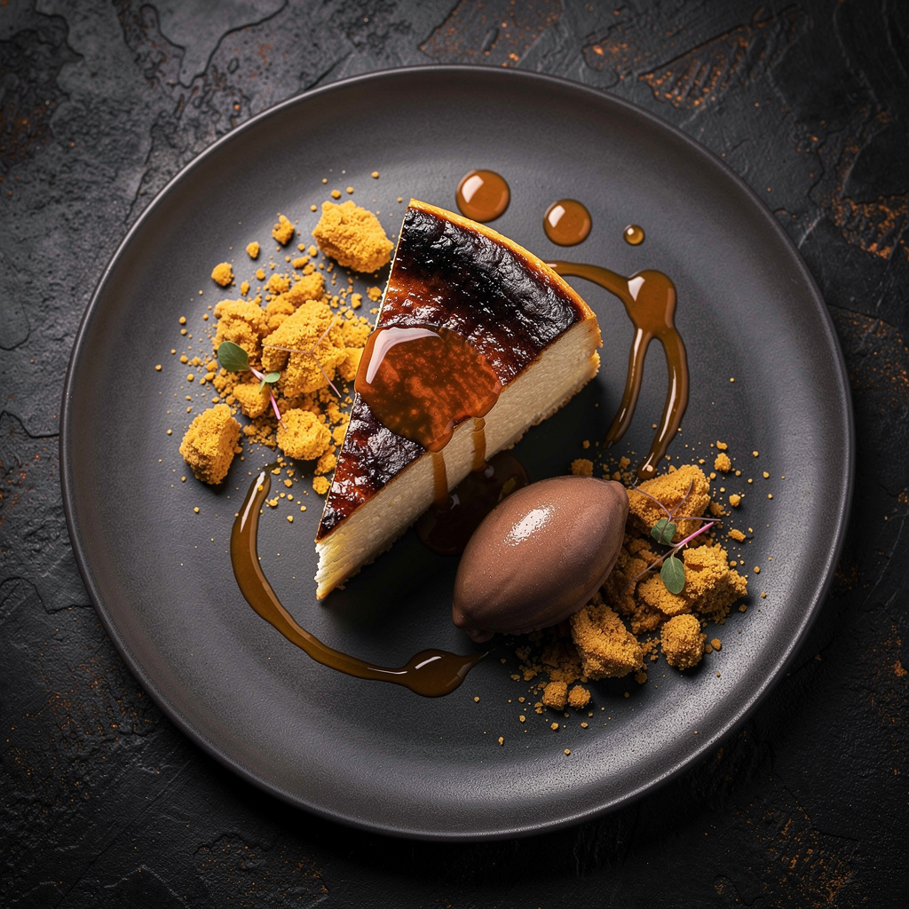 Tarta de queso de oveja curado sin base con exterior caramelizado oscuro, membrillo líquido dorado, tierra de nuez moscada y helado de miel de encina