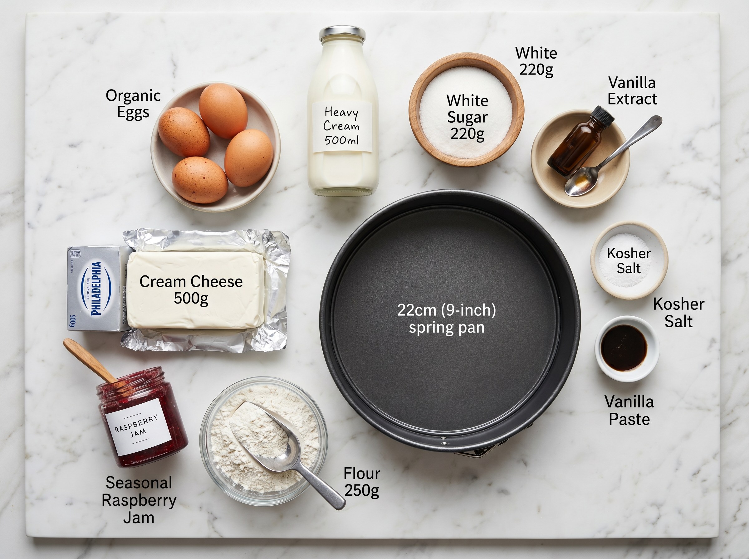 Ingredientes tarta vasca: queso crema, huevos, nata, azúcar, harina, mermelada de temporada