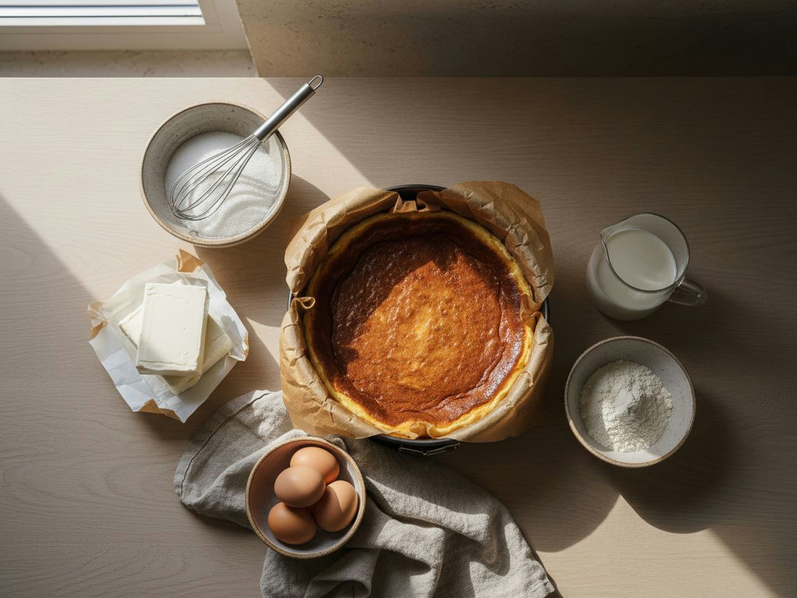 Ingredientes de la tarta de queso vasca: queso crema, huevos, azúcar, nata y harina