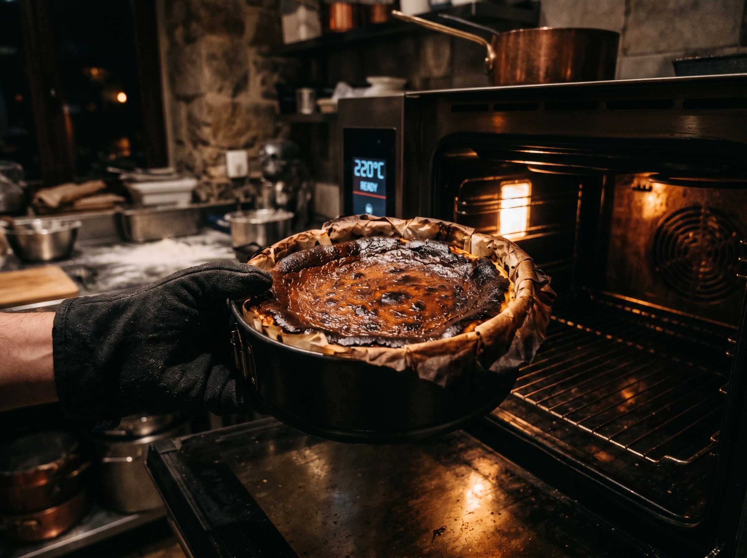 Tarta vasca saliendo del horno a 220°C: exterior negro quemado, centro tembloroso