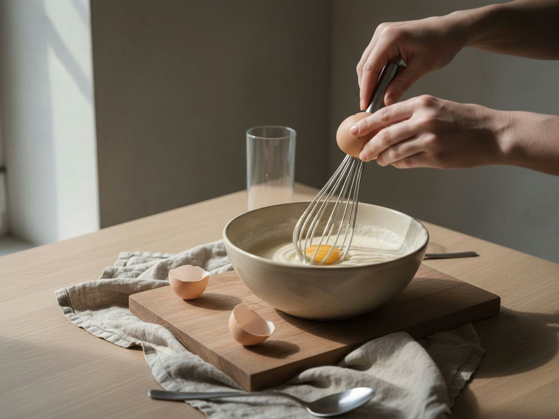 Huevos incorporándose de uno en uno a la crema