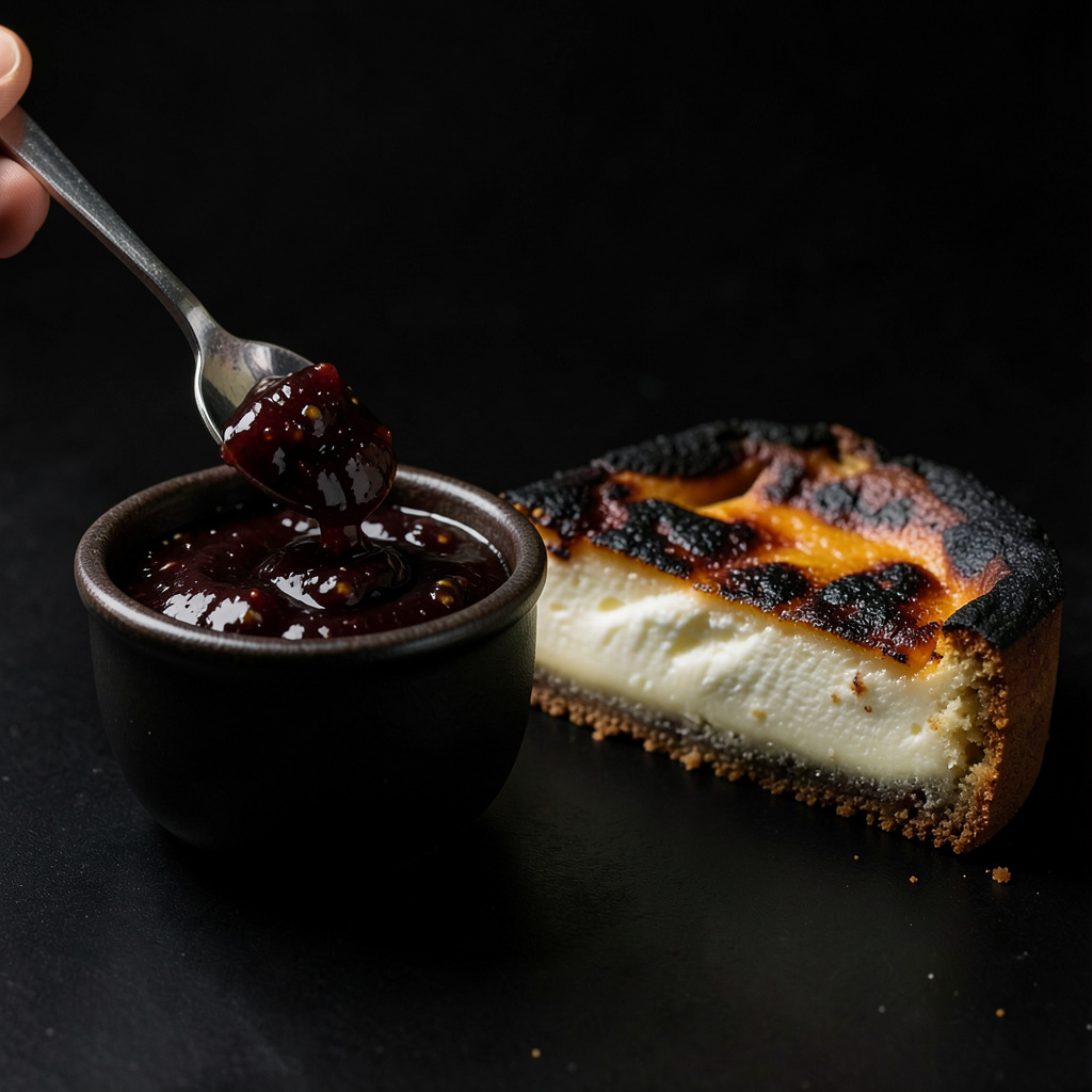 Corte de tarta vasca quemada junto a bol de mermelada de frutos rojos siendo servida con cuchara