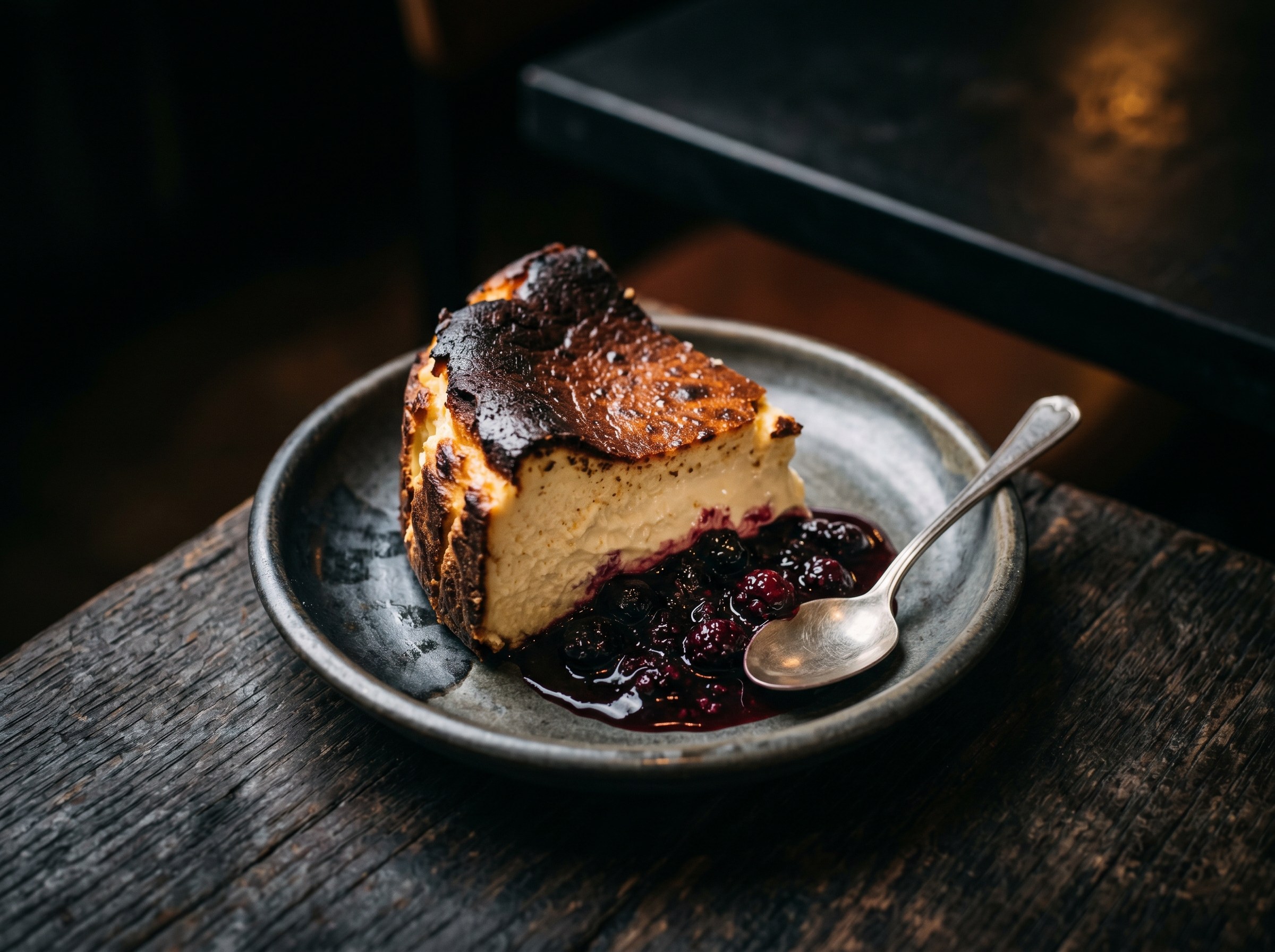 Tarta de queso vasca quemada de superficie oscura y caramelizada, con el centro cremoso y tembloroso, acompañada de mermelada artesana de temporada.