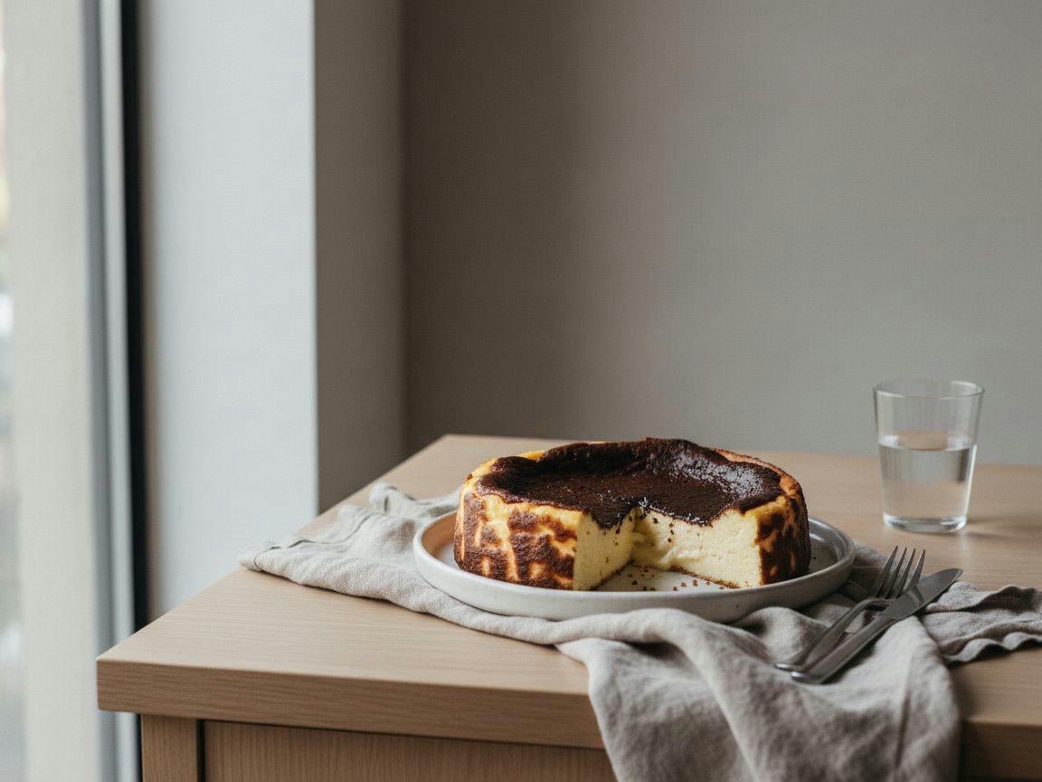 Tarta de queso vasca con la superficie quemada de caramelo oscuro y el papel de horno arrugado, con una porción cortada mostrando el interior cremoso, sobre plato de cerámica blanco hueso