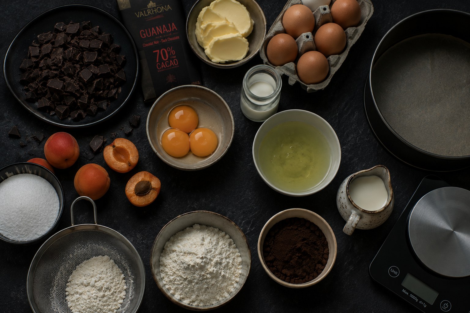 Ingredientes: chocolate Valrhona Guanaja 70%, albaricoques, mantequilla, huevos, cacao negro y nata