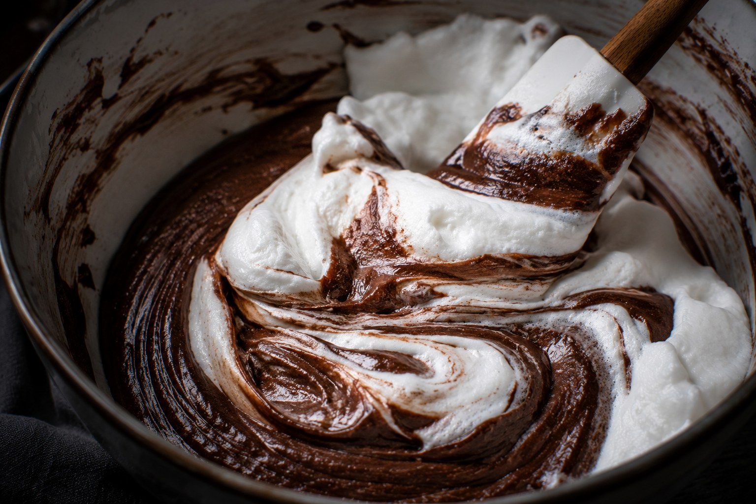 Claras montadas incorporándose a la masa de chocolate con movimiento envolvente