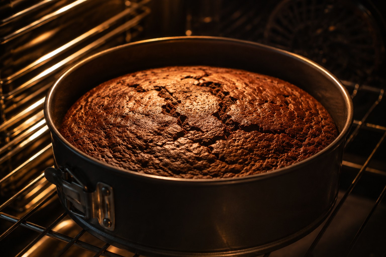 Bizcocho Sacher horneándose a 170°C en molde de 24 cm