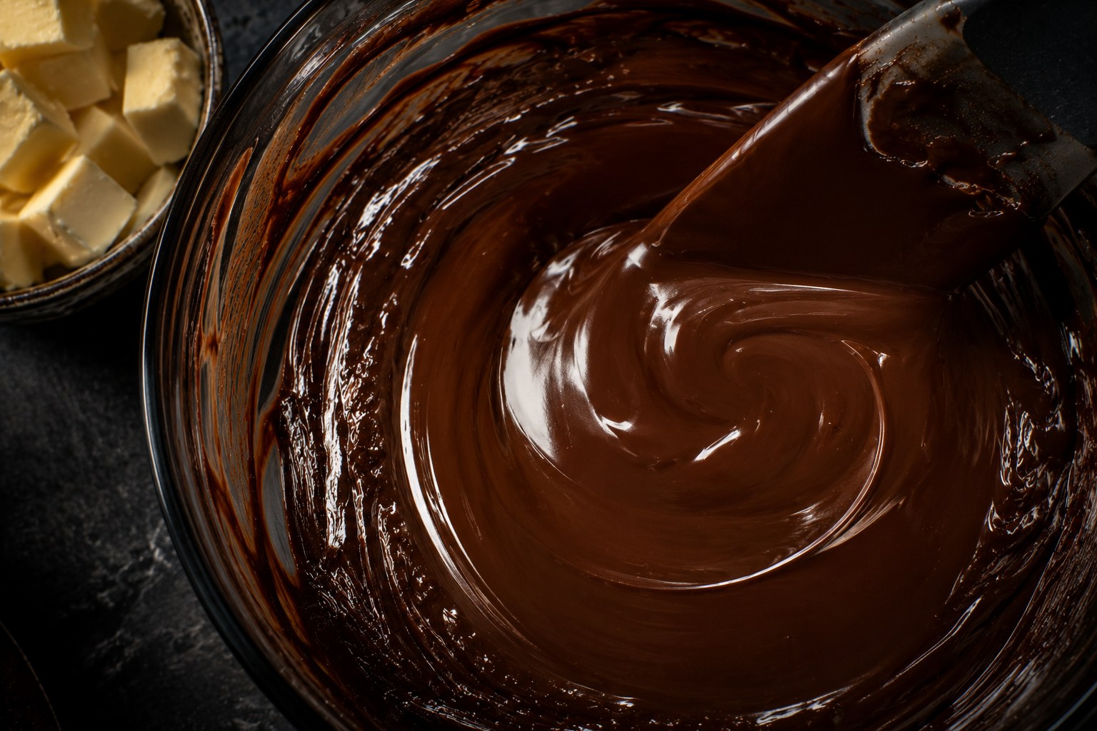 Ganache de Guanaja emulsionándose desde el centro con brillo de espejo