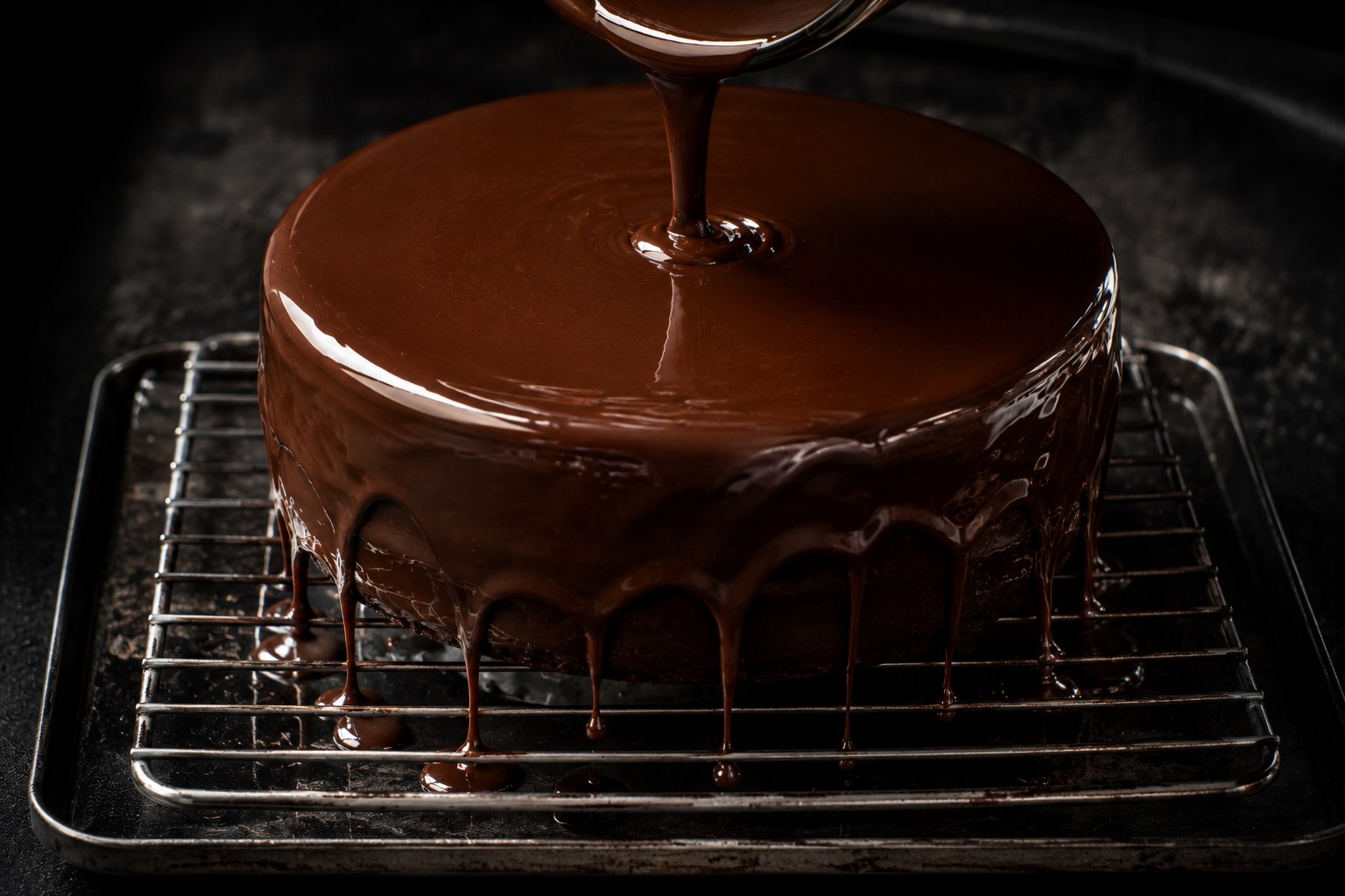 Glaseado: ganache a 32°C fluyendo sobre la tarta en un solo vertido
