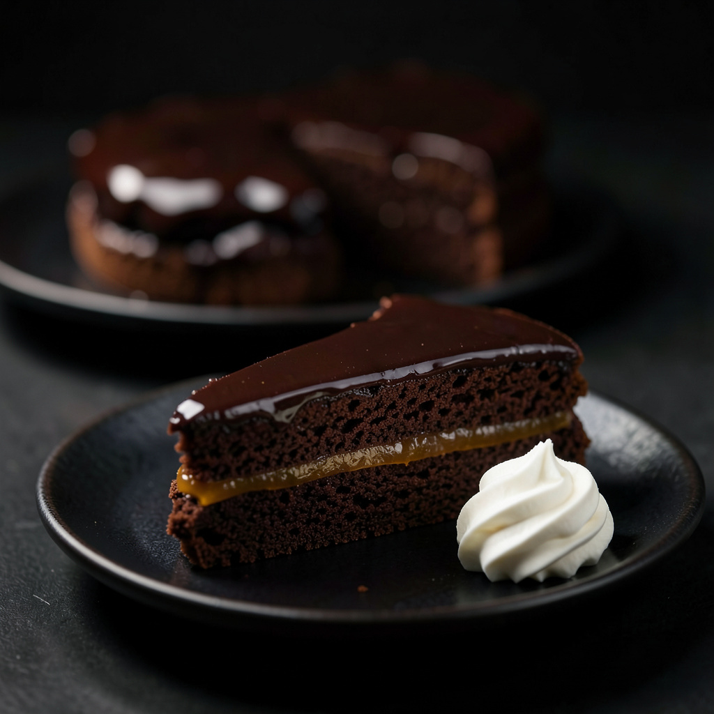 Tarta Sacher de chocolate Valrhona Guanaja con cobertura espejo brillante, capa de mermelada de albaricoque fermentada visible en el corte, plato de cerámica blanca