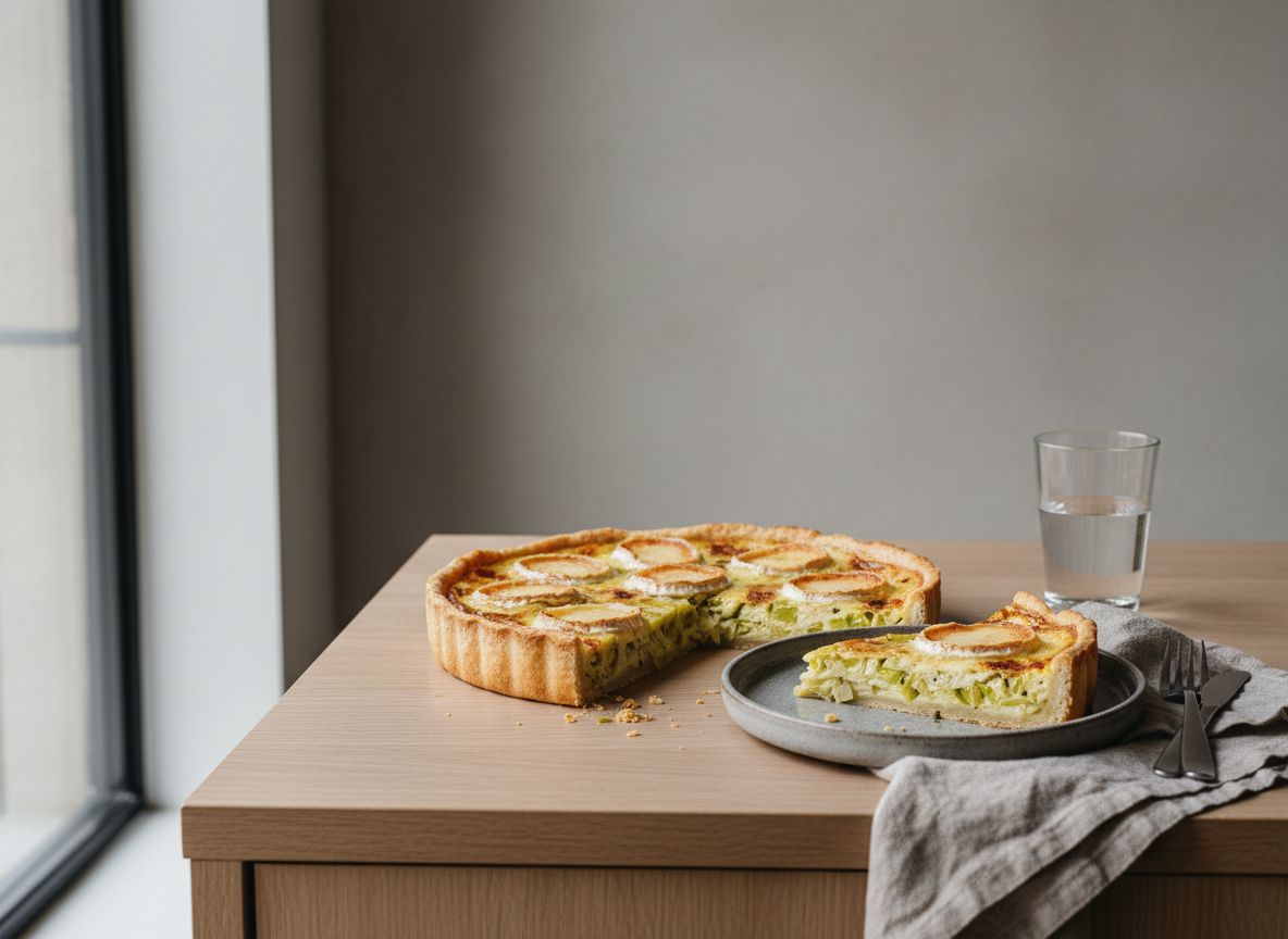 Tarta salada dorada con relleno cremoso de puerro pochado y medallones de queso de cabra fundido y gratinado, base de masa quebrada crujiente, una porción cortada, sobre tabla de madera clara