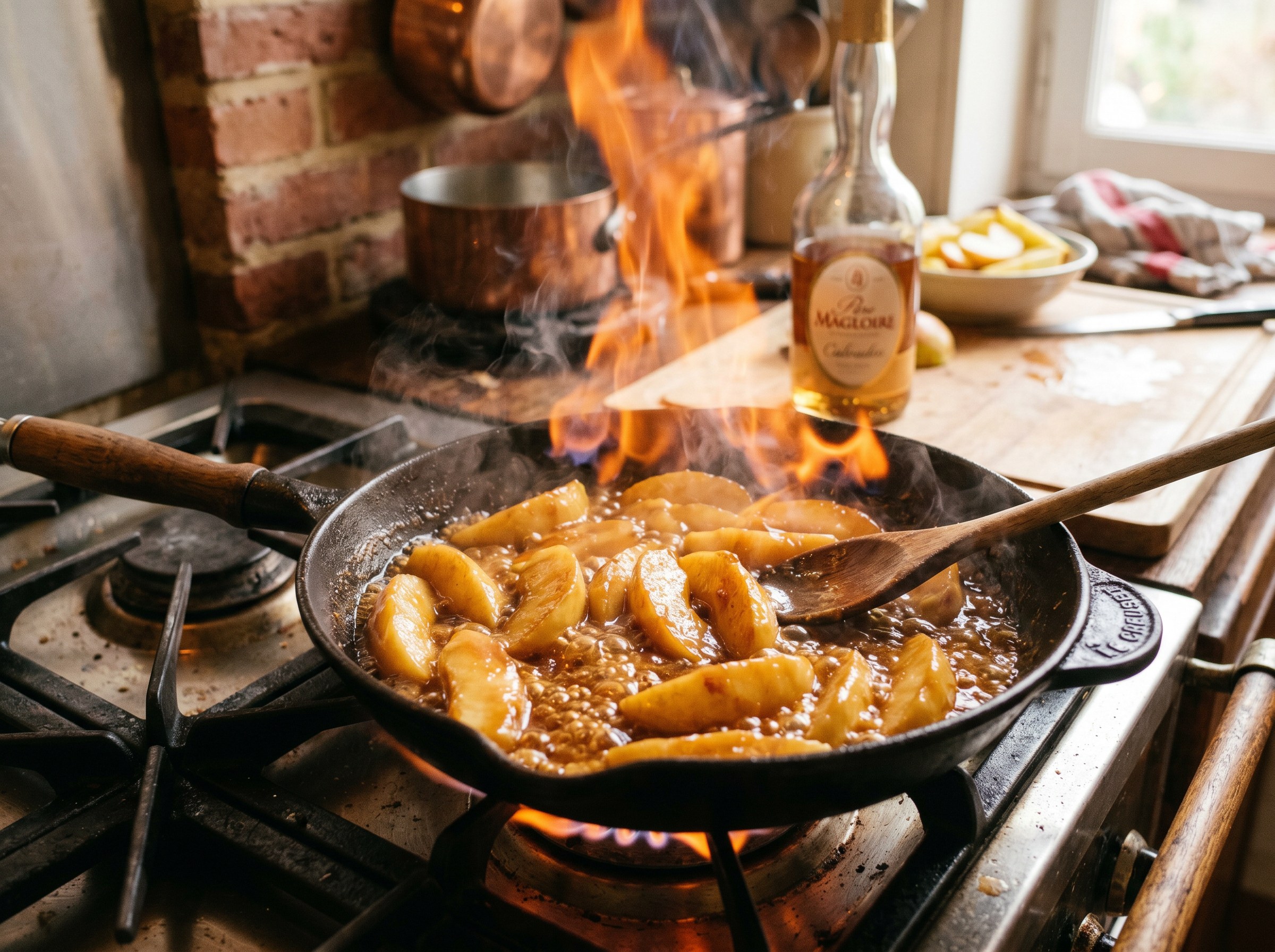 Manzanas caramelizándose en mantequilla y azúcar, deglaseadas con Calvados
