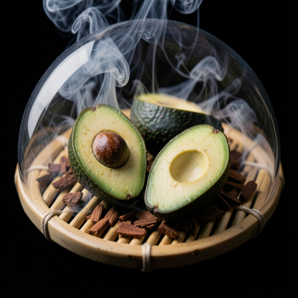 Aguacate ahumándose bajo campana de cristal con virutas de cerezo