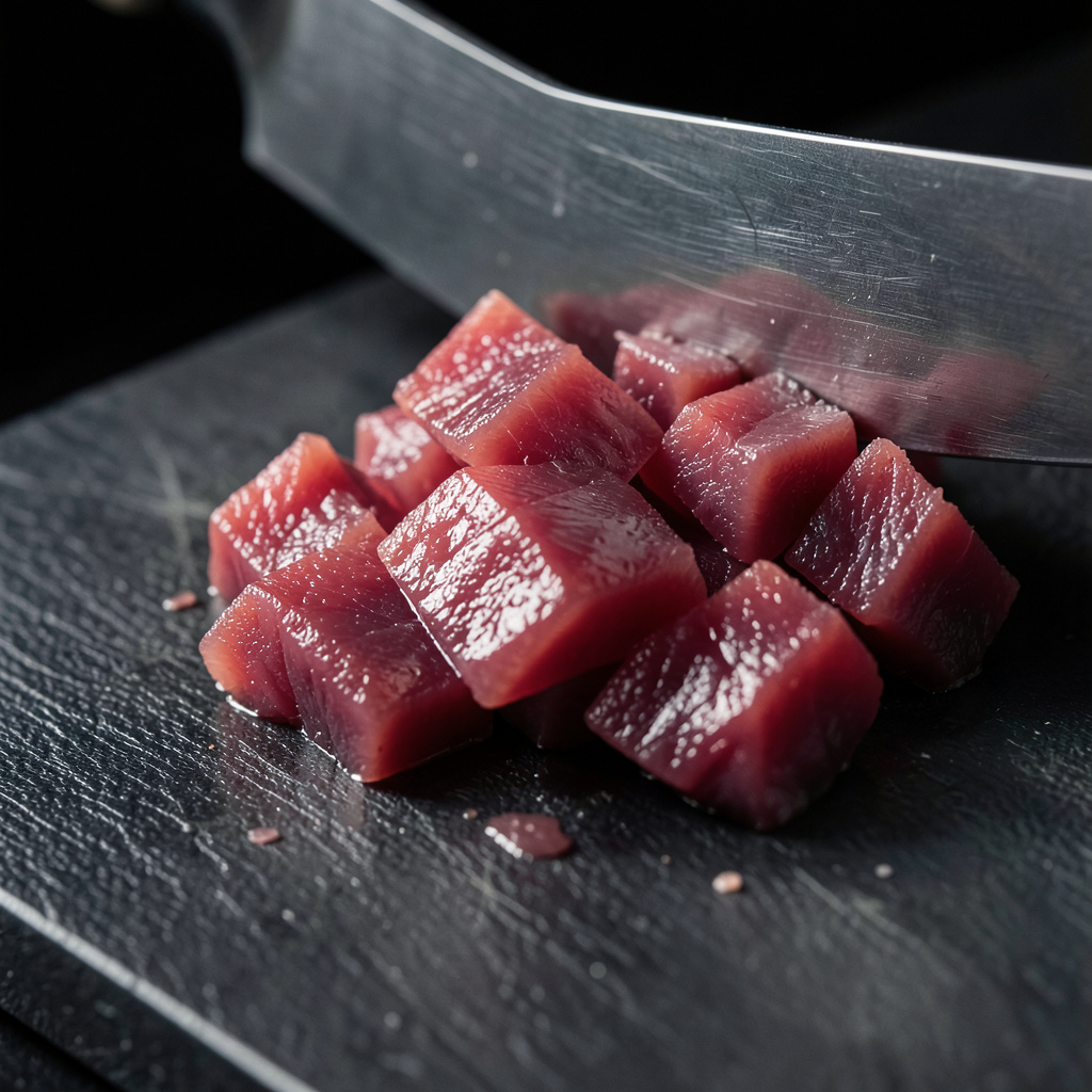 Dados de atún rojo cortados a cuchillo sobre tabla negra