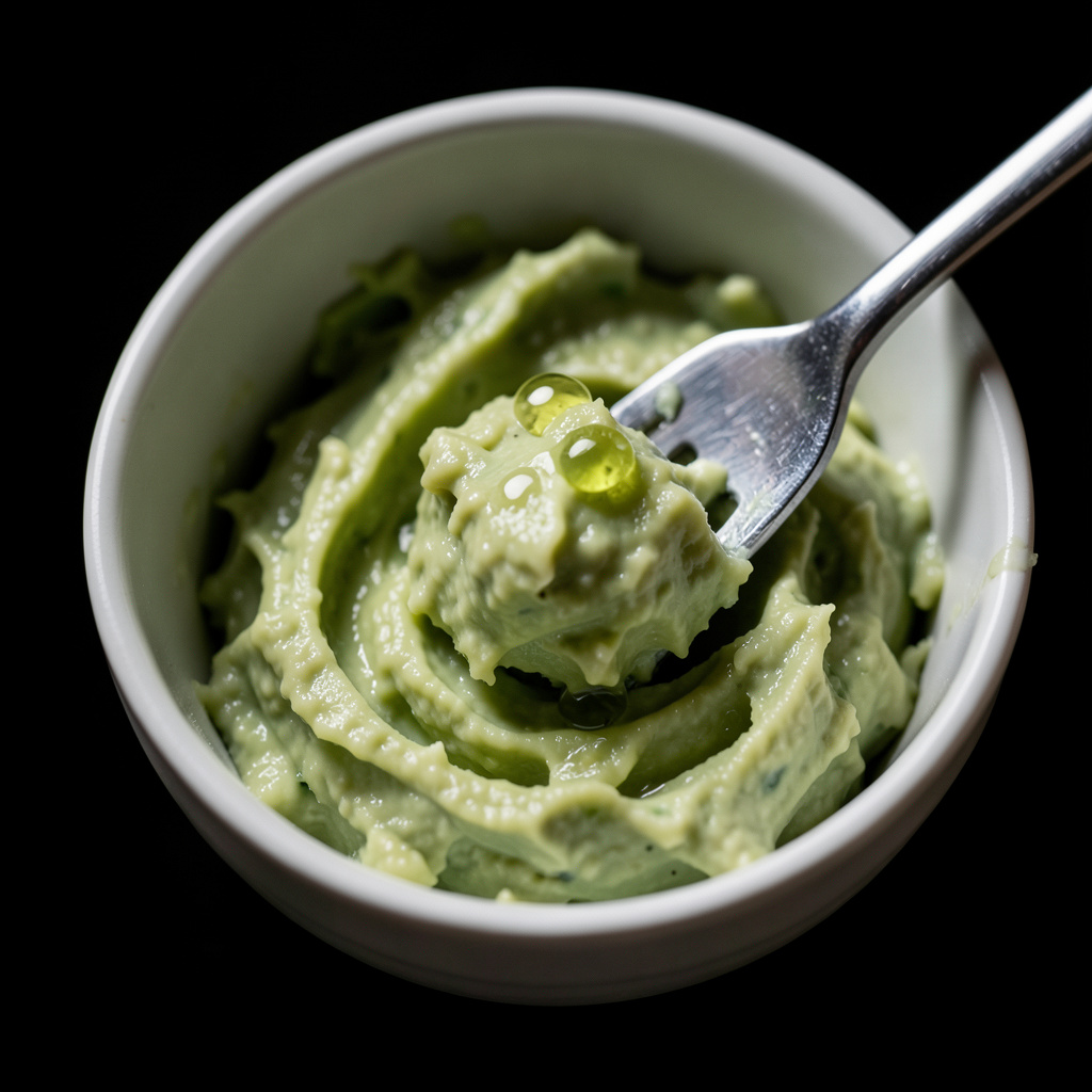 Crema de aguacate ahumado siendo trabajada con tenedor