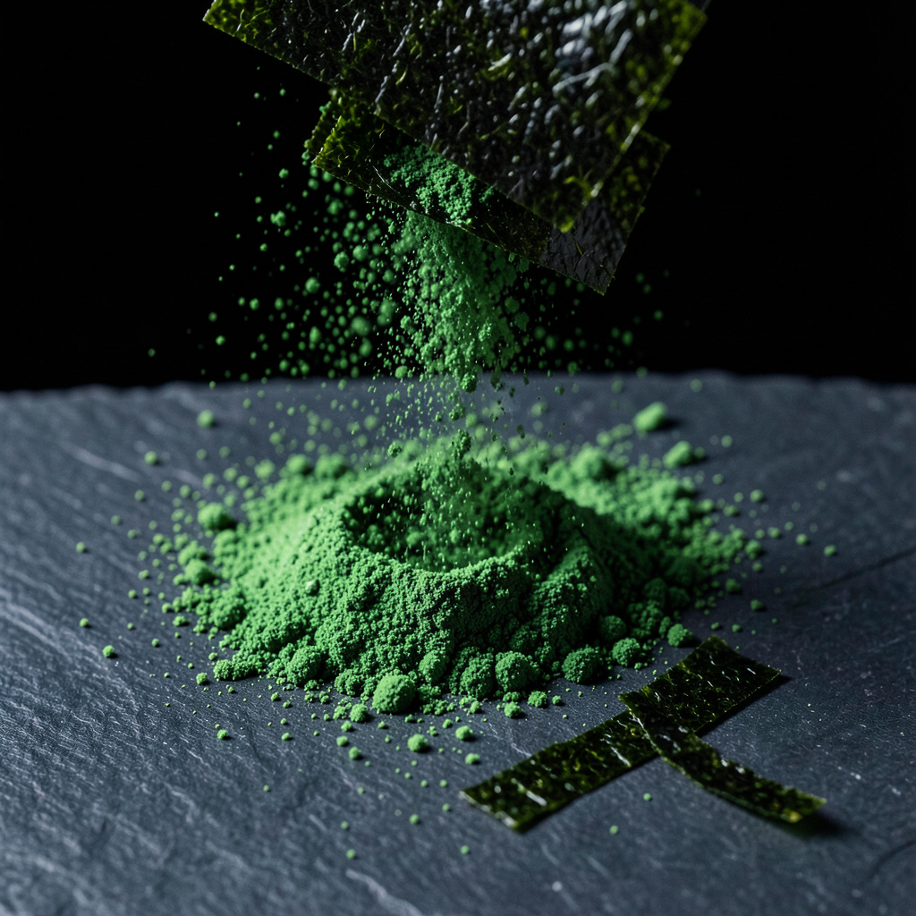 Polvo de alga nori cayendo sobre pizarra negra