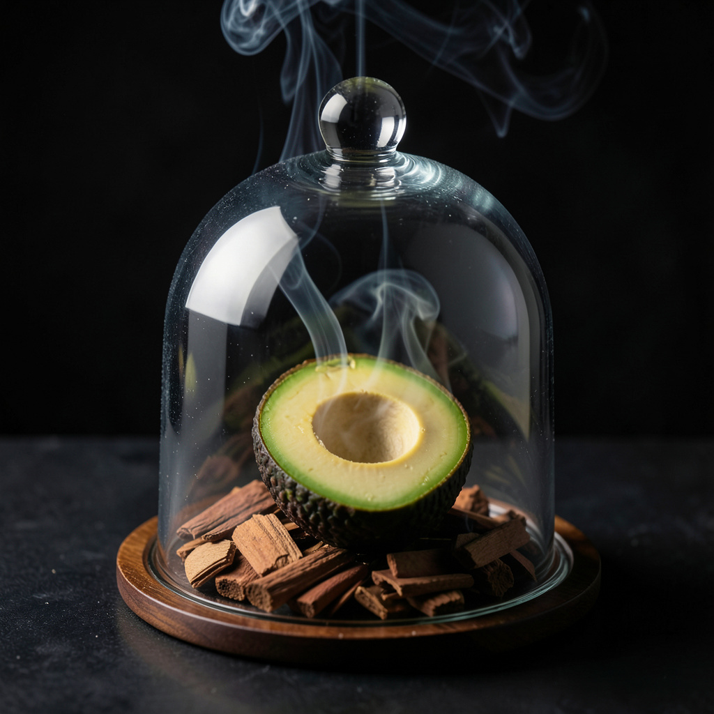 Aguacates ahumándose con virutas de cerezo bajo campana de cristal