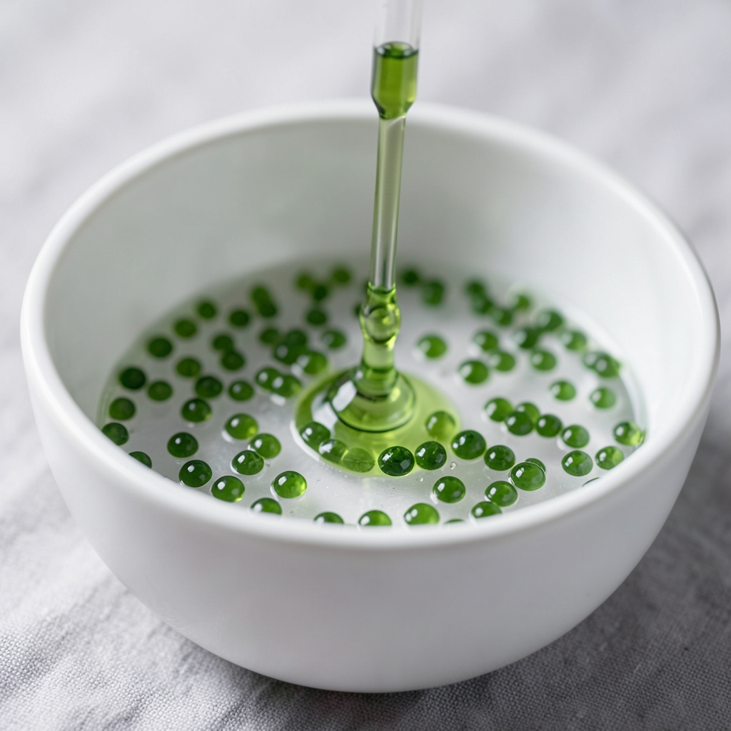 Caviar de wasabi gelificando en aceite frío a 4°C