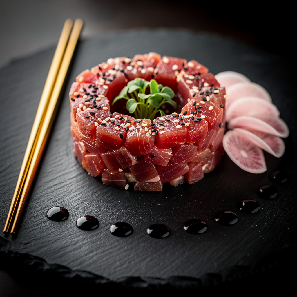Hero shot: tartar de atún rojo con caviar de wasabi sobre aguacate ahumado y emulsión de soja