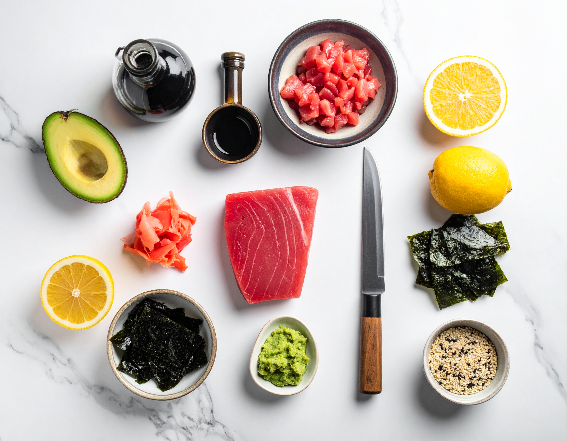 Ingredientes del Tartar de Atún Nikkei: lomo de atún rojo, aguacate, nori, wasabi, sésamo y salsas