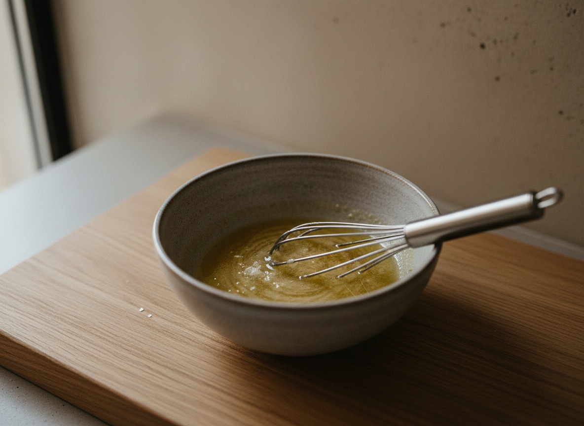 Aliño de aceite de nuez, limón y sal en escamas emulsionándose en un cuenco pequeño.