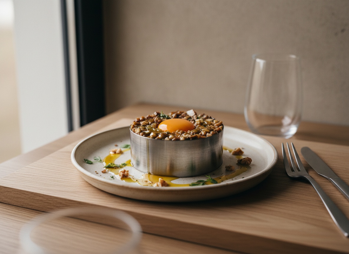 Cilindro de tartar formado con aro de emplatar en el centro de un plato claro.