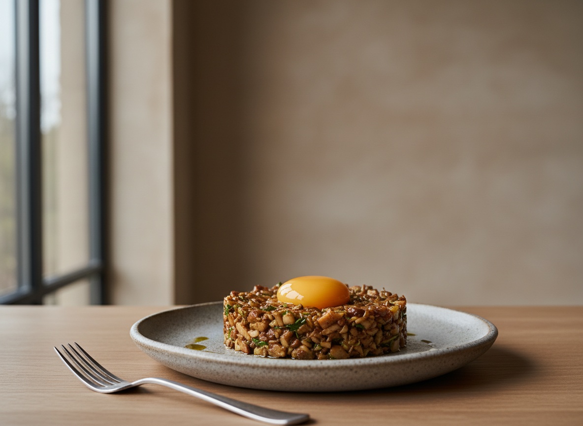Tartar de Boletus edulis con yema de huevo cruda y aceite de nuez sobre plato de cerámica artesanal gris piedra.