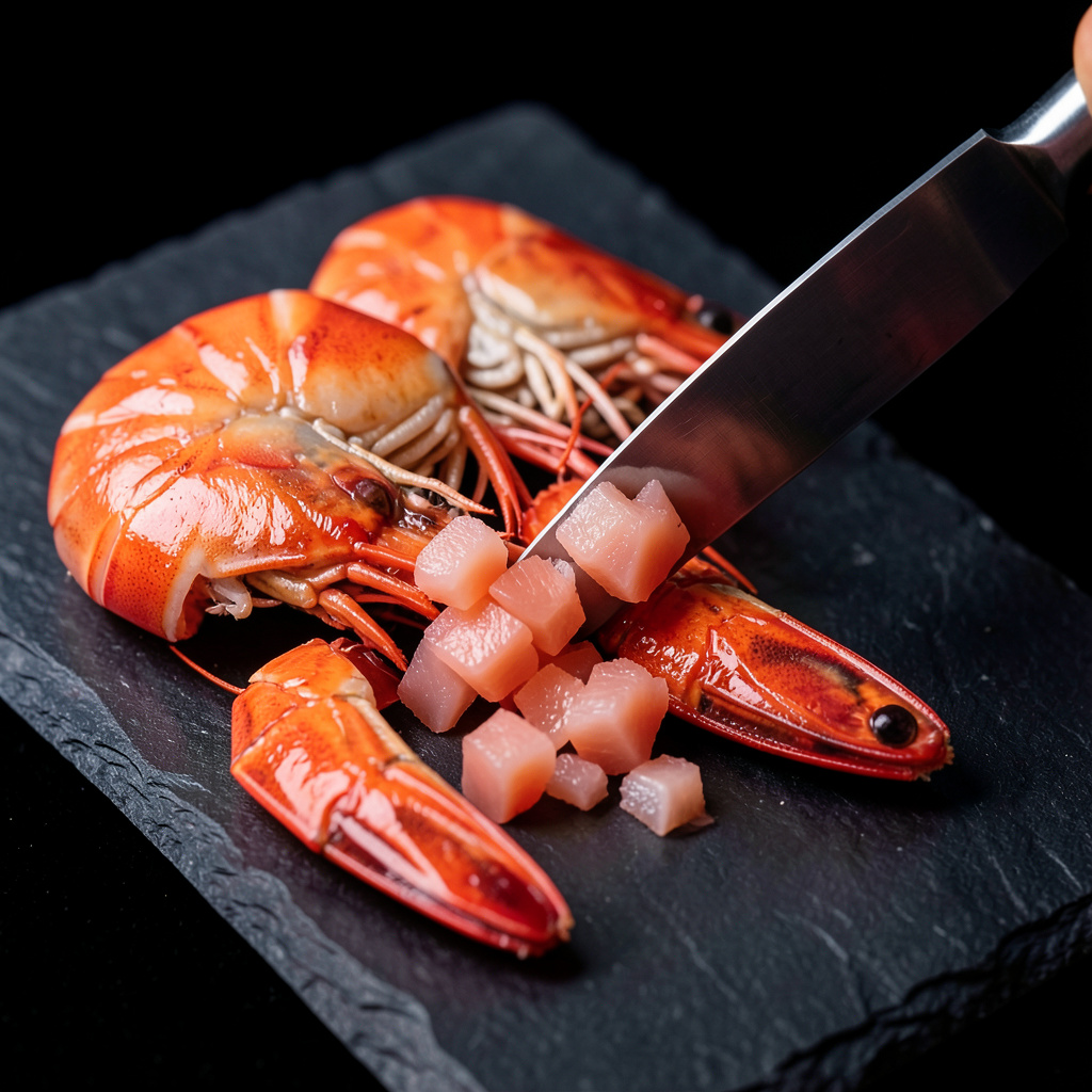 Gamba roja de Palamos siendo picada a cuchillo en dados, cabezas reservadas