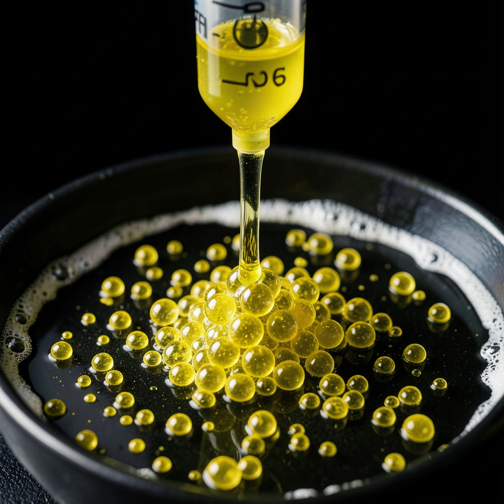 Perlas de caviar de limon formandose en bano de cloruro calcico