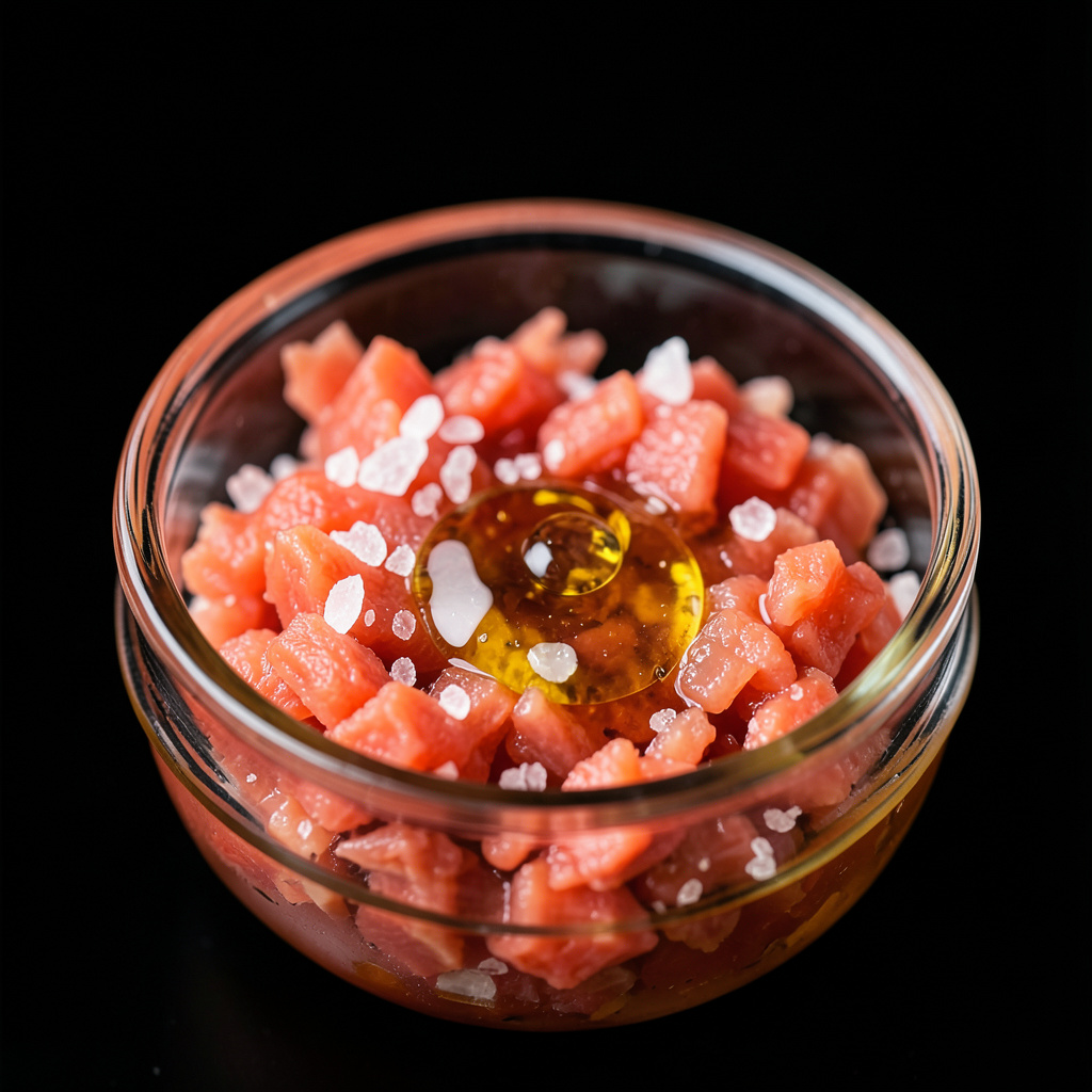 Tartar de gamba alinado con gel de ponzu, aceite y flor de sal