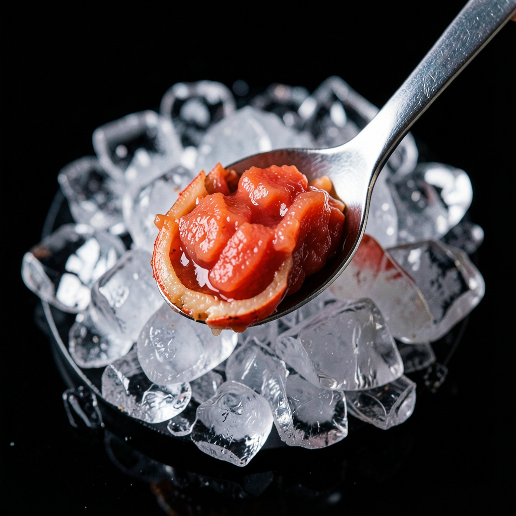 Tartar siendo montado en la cabeza de la gamba sobre hielo picado