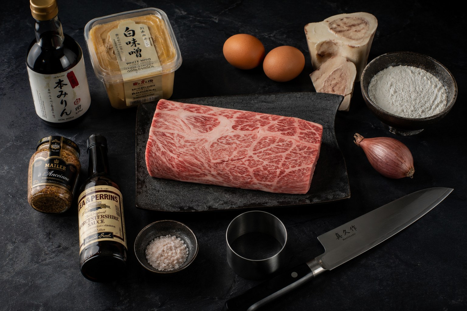 Ingredientes: Wagyu A5 marmoleado, huevos, miso blanco, huesos de caña y condimentos