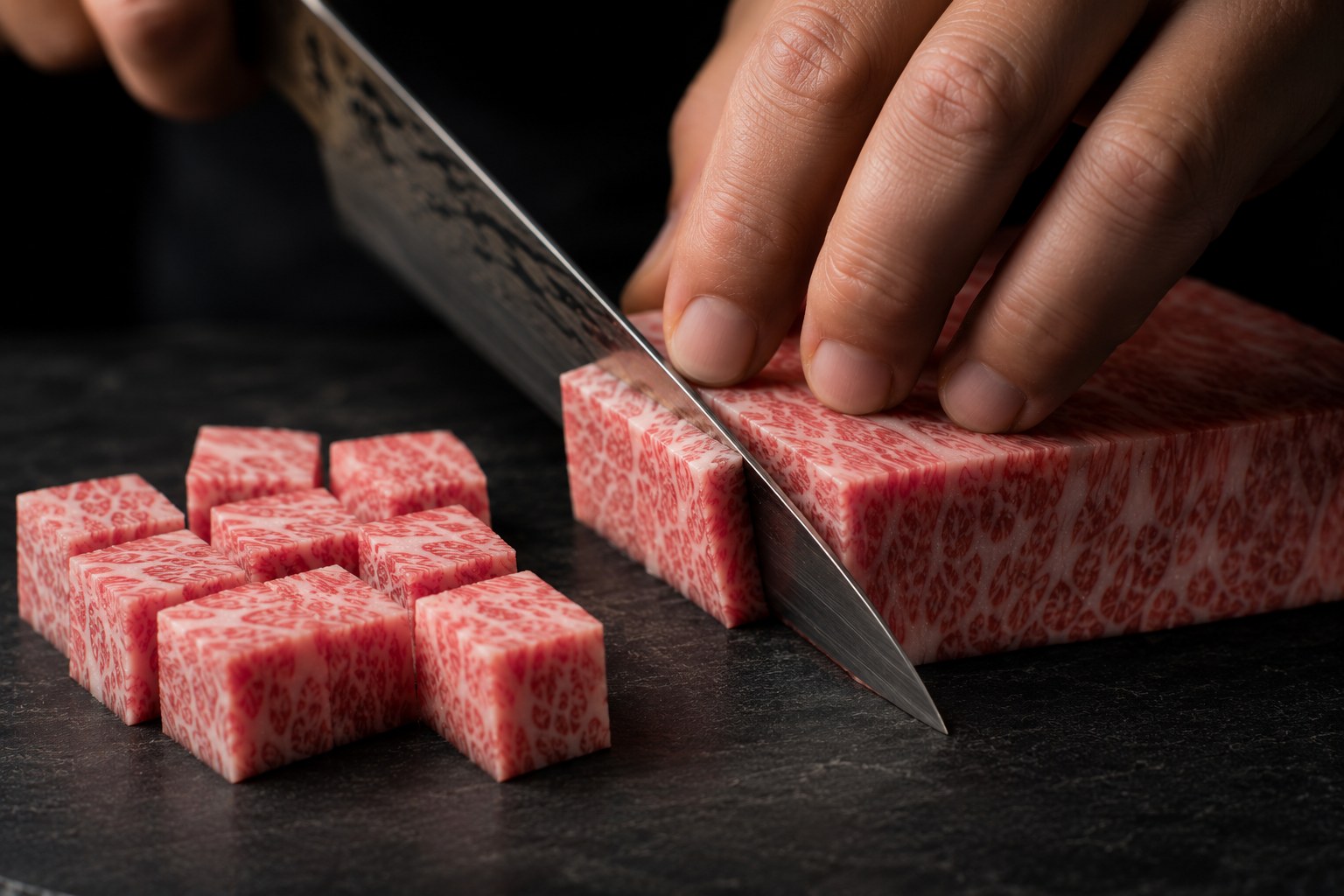 Wagyu A5 cortándose a cuchillo en dados perfectos de 5 mm