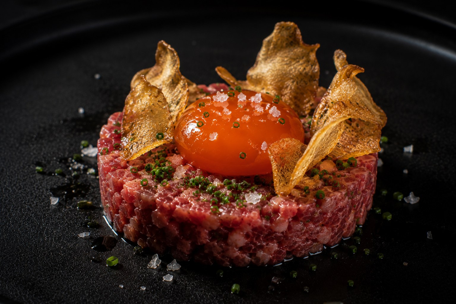 Tartar de Wagyu A5 en dados con yema curada en miso dorada sobre el centro y chips translúcidos de tuétano frito en plato de cerámica negra