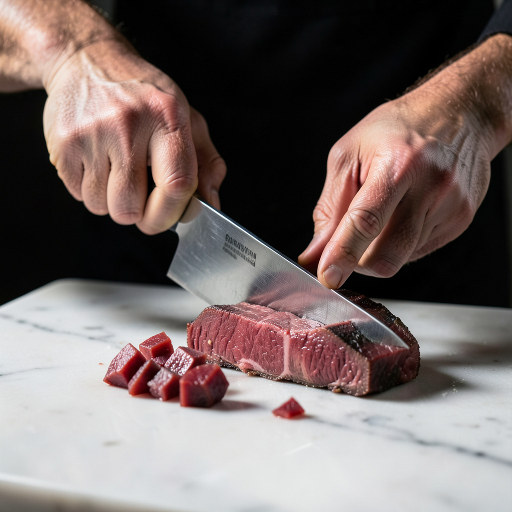 Manos del chef cortando buey madurado 60 días en dados de 3mm