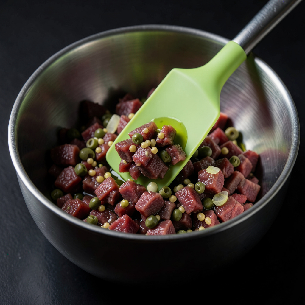 Espátula de silicona mezclando tartare con mostaza y alcaparras en bol frío