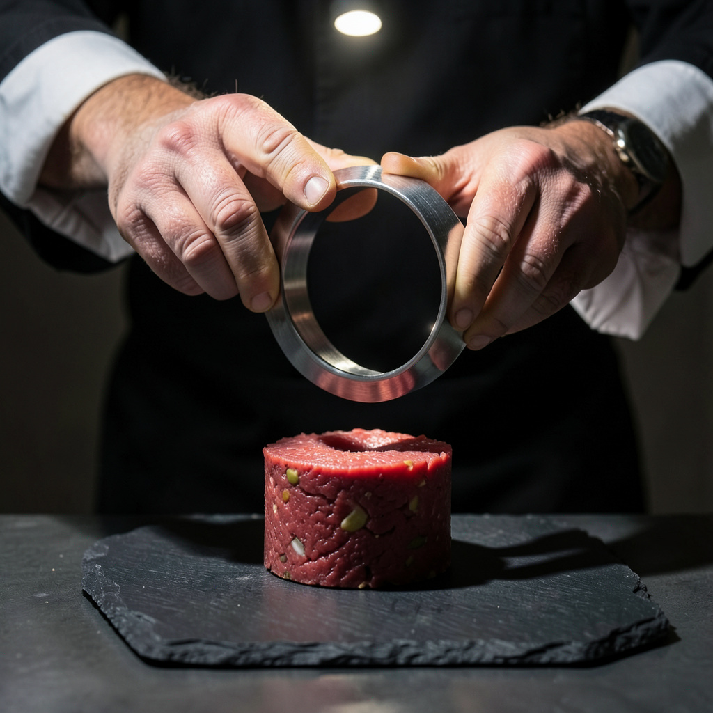 Manos del chef levantando aro de emplatado del tartare en plato de pizarra negra
