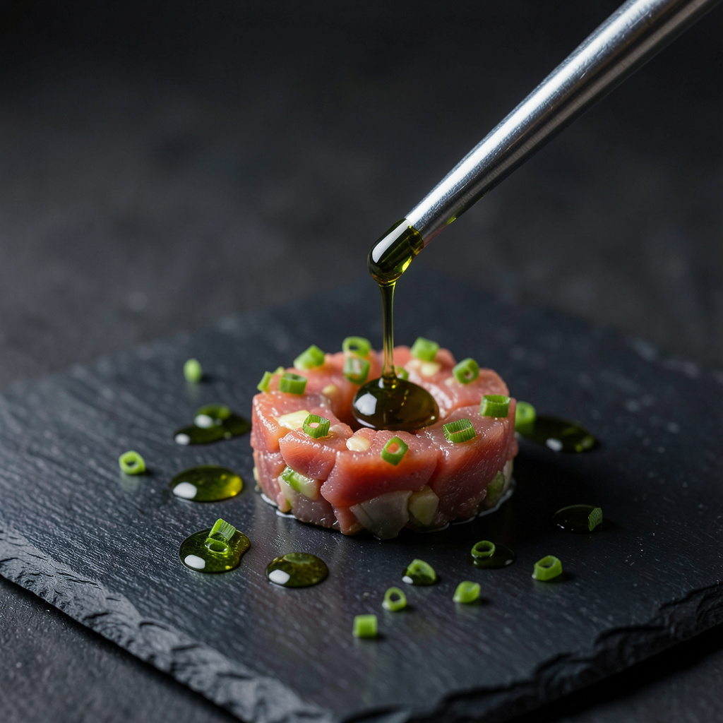 Pipeta aplicando gotas de aceite de cebollino verde sobre el plato de pizarra