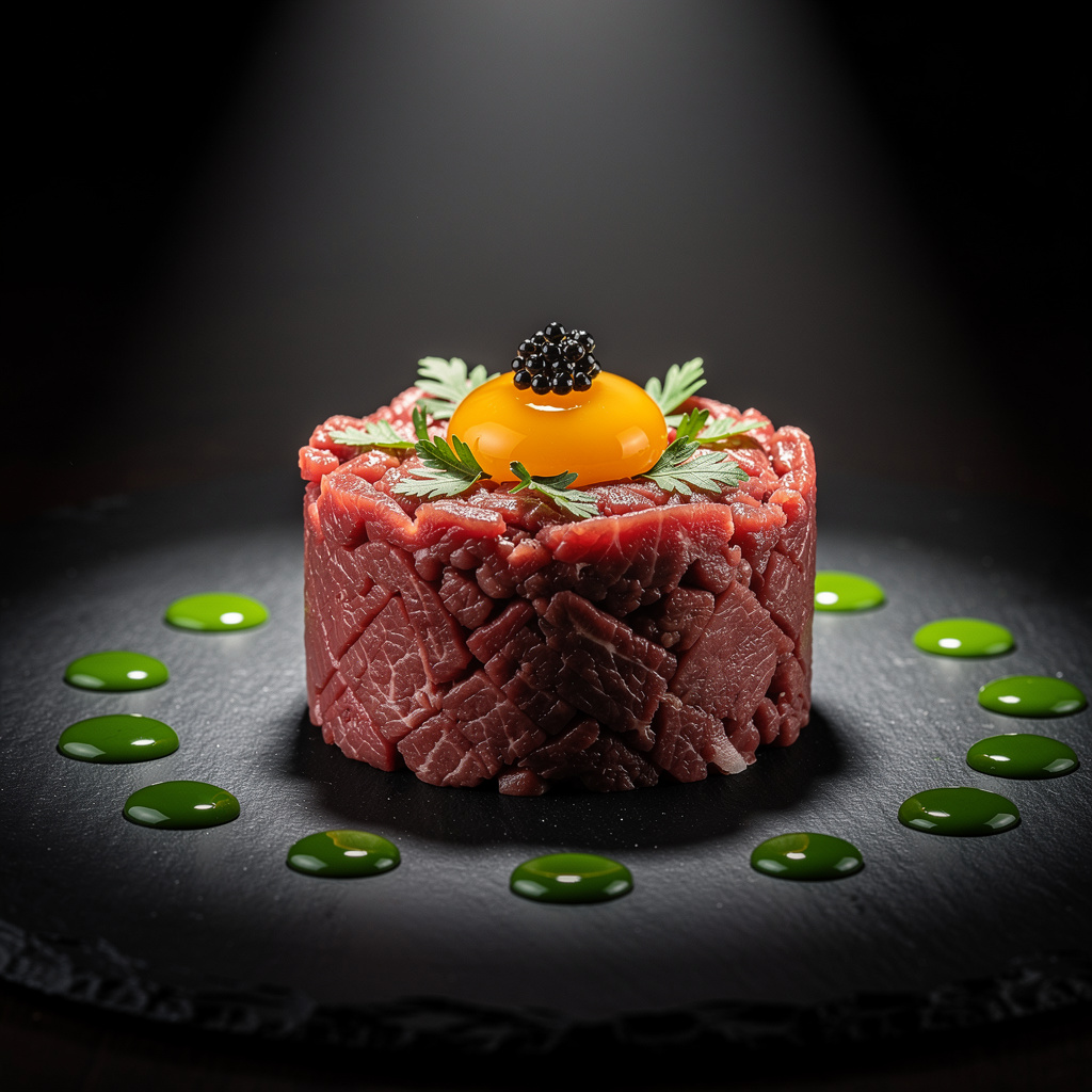Steak tartare de buey madurado 60 días con yema curada en soja, caviar de ostiones y mostaza antigua en plato de pizarra negra con aceite de cebollino