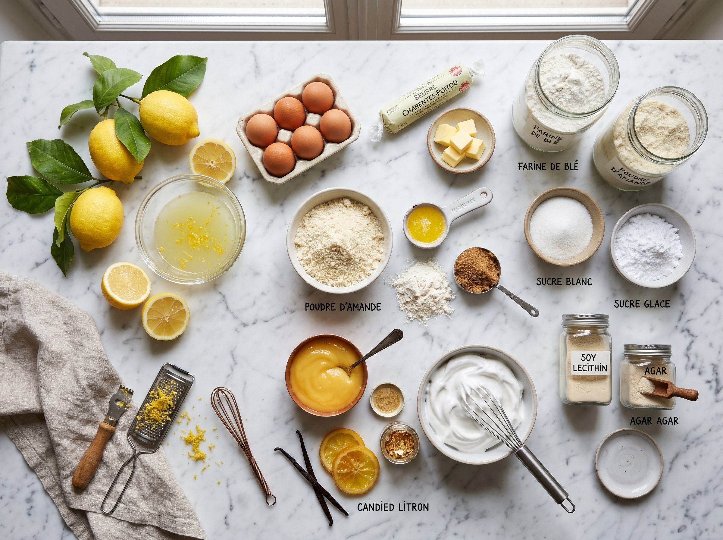 Flat lay ingredientes tarte au citron: limones de Sicilia, huevos, azúcar, mantequilla, harina, alginato