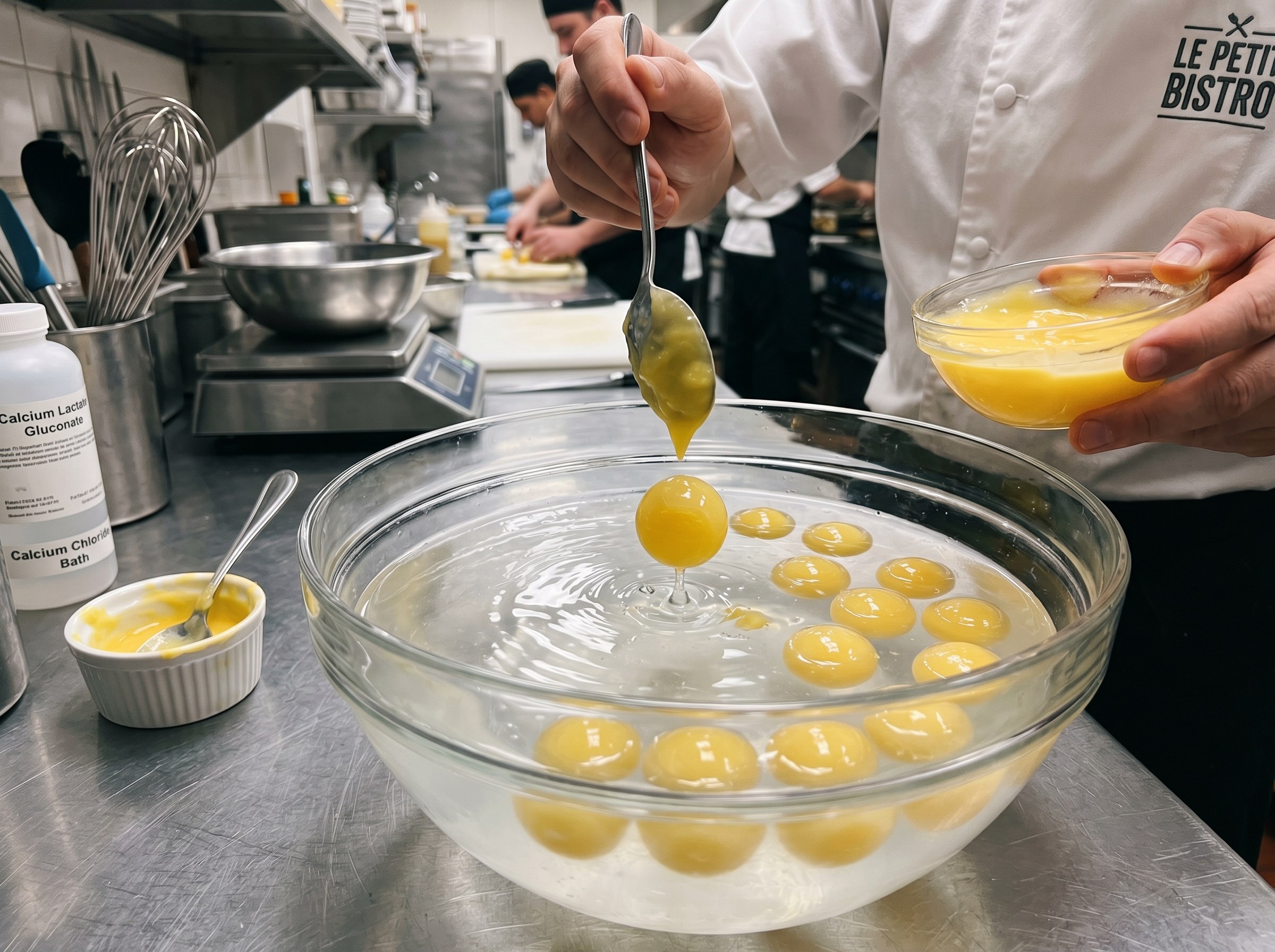 Esferificación de la crème citron: esferas perfectas formándose en baño de cloruro cálcico