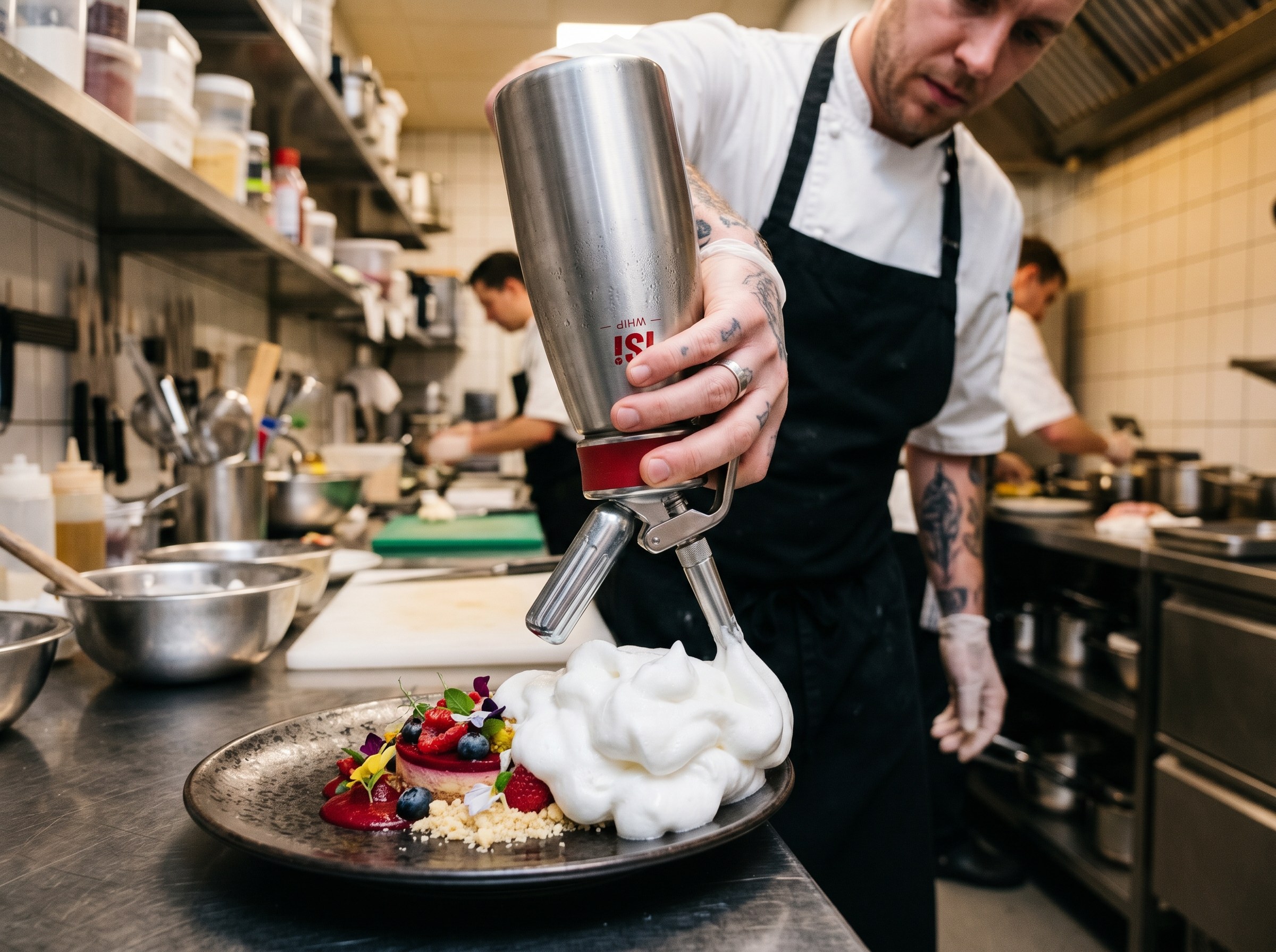 Espuma de merengue italiano siendo cargada en sifón con cápsula de N₂O, almíbar a 118°C