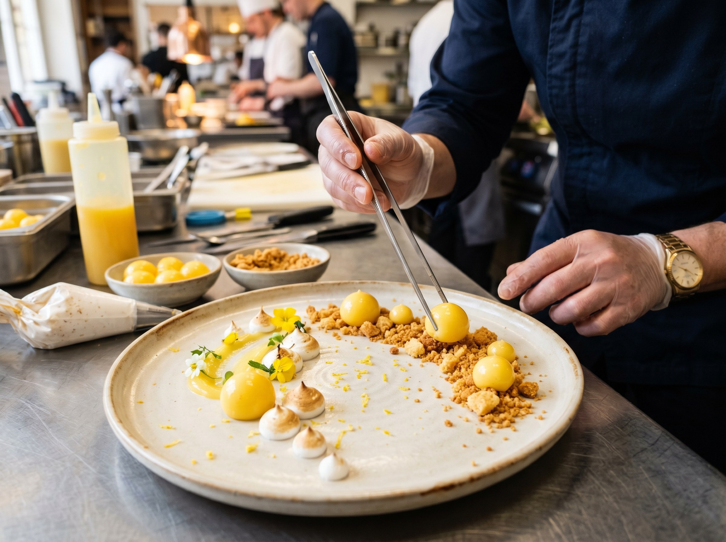 Montaje deconstruido: sablée desmenuzada, esferas de crème citron y espuma de merengue en plato frío