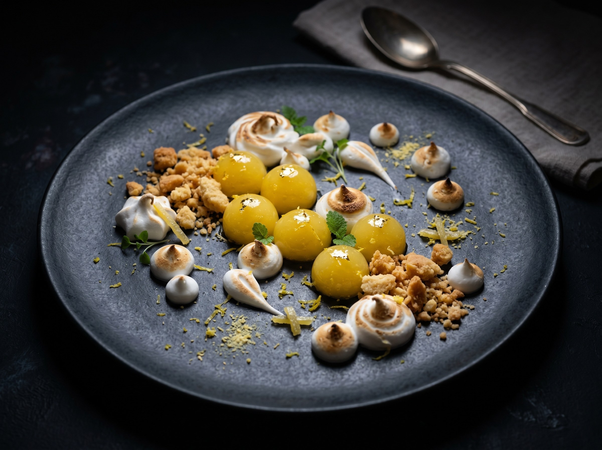 Tarte au citron deconstruida: esfera de crema de limón de Sicilia, espuma de merengue italiano y sablée desmenuzada como arena dorada.