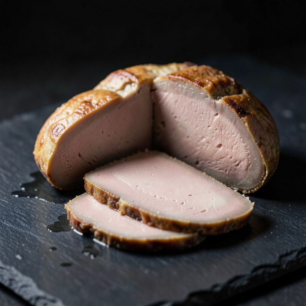 Terrina de foie gras mi-cuit loncheada sobre pizarra negra, interior rosado-dorado sedoso
