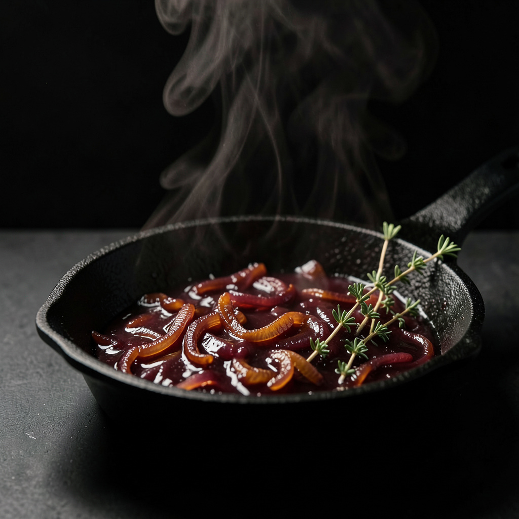 Cebolla roja caramelizando en sartén de hierro con tomillo y vapor, color caoba profundo