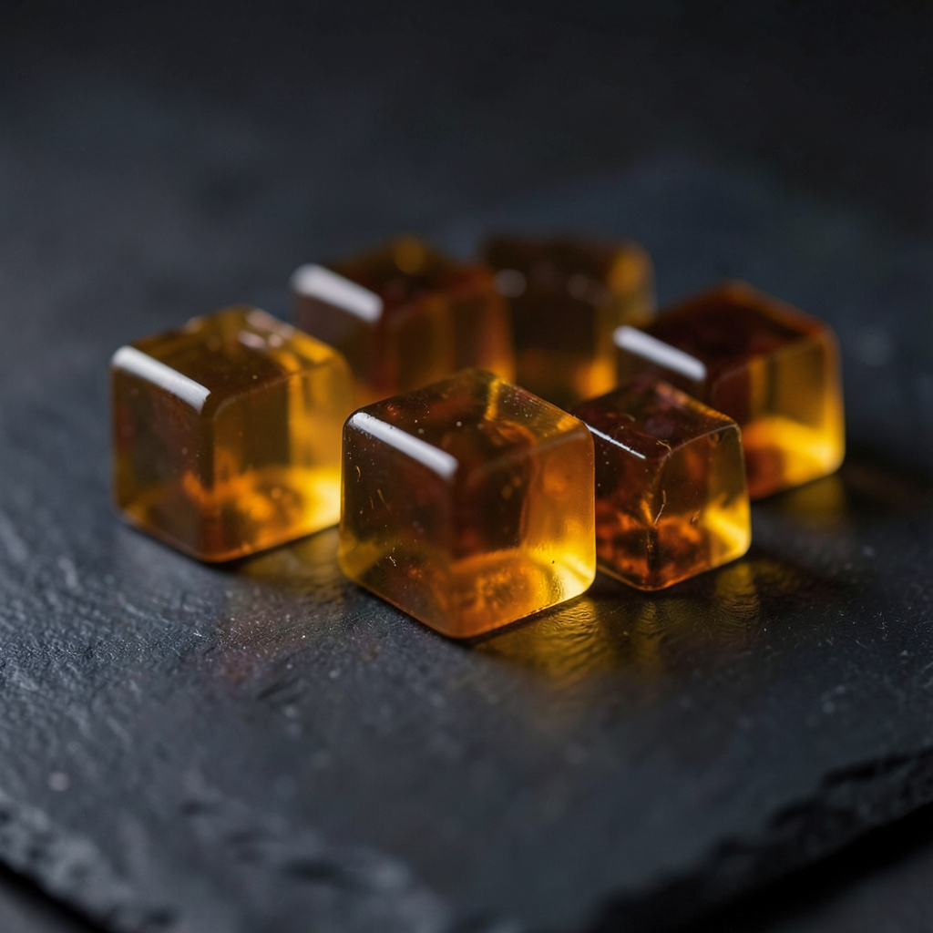 Dados de gelatina de Armagnac de color ámbar translúcido sobre pizarra negra