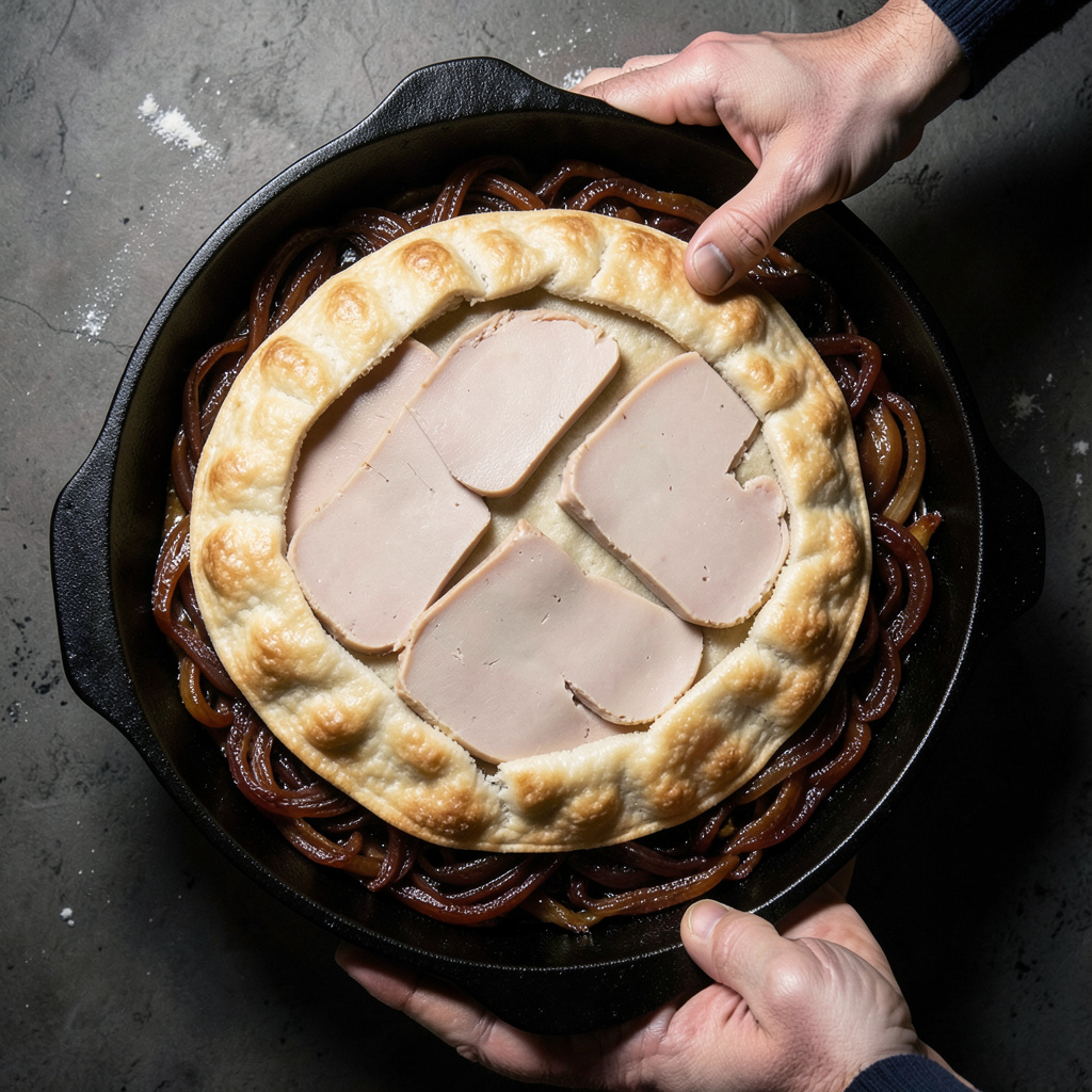 Montaje de la tatin en molde de hierro: capa de cebolla, lonchas de foie y hojaldre encima