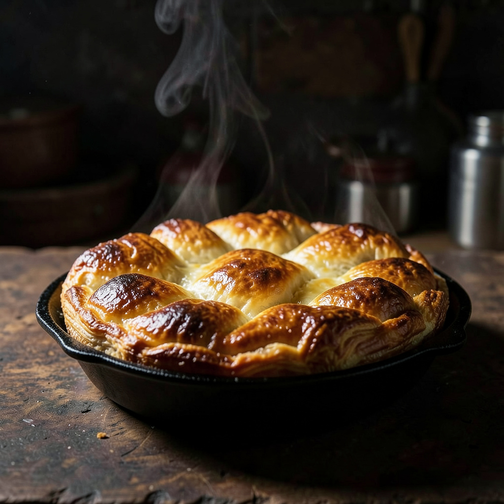 Tatin recién salida del horno en sartén de hierro, hojaldre dorado y burbujeante con vapor