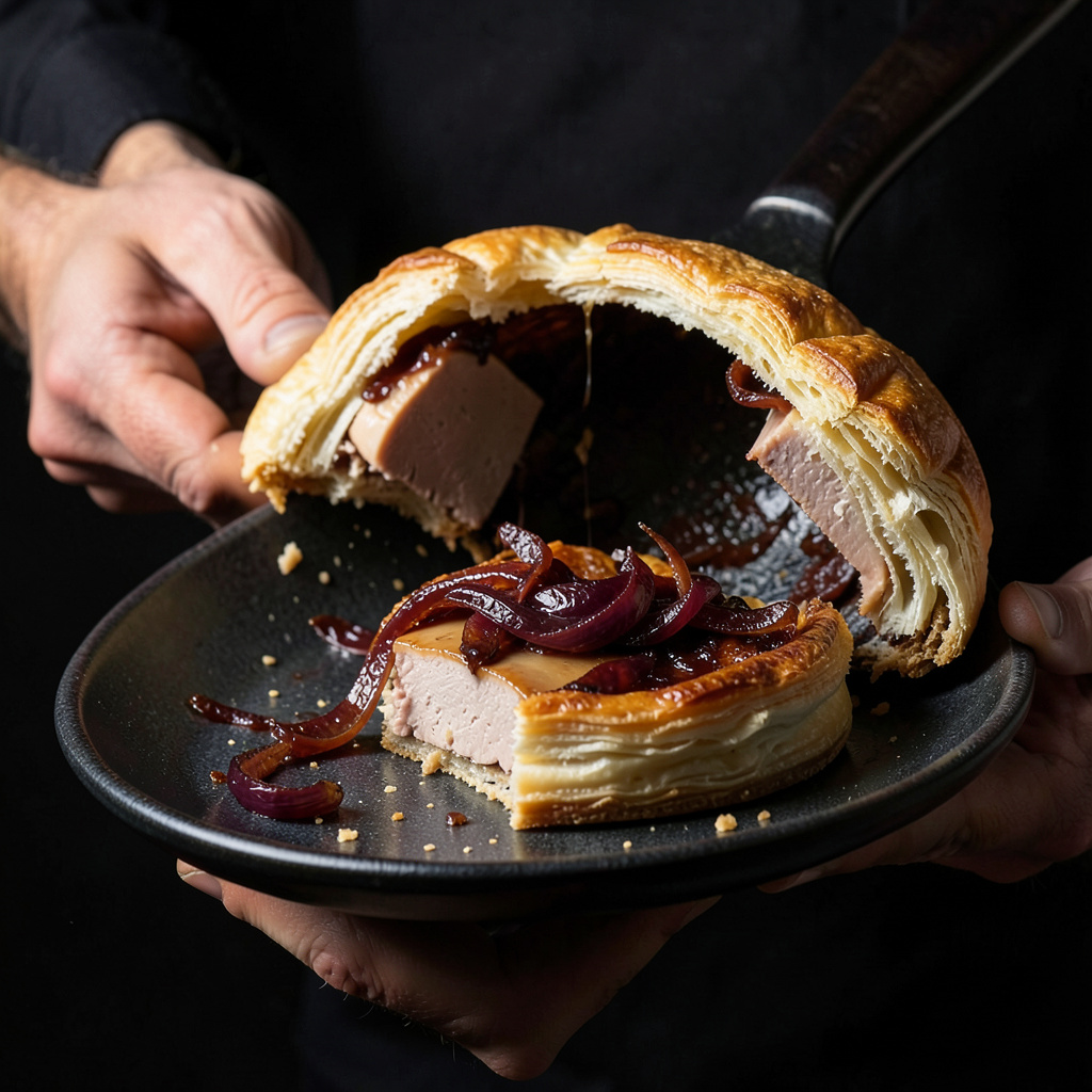 Volteo de la tarta tatin sobre plato negro, cebolla brillante y foie fundido revelados